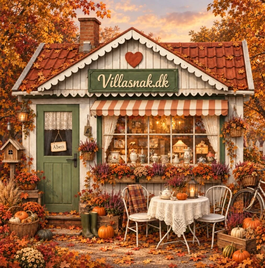 Illustration af VillaSnak som et hyggeligt kolonihavehus med efterårsløv, græskar og kaffebord.