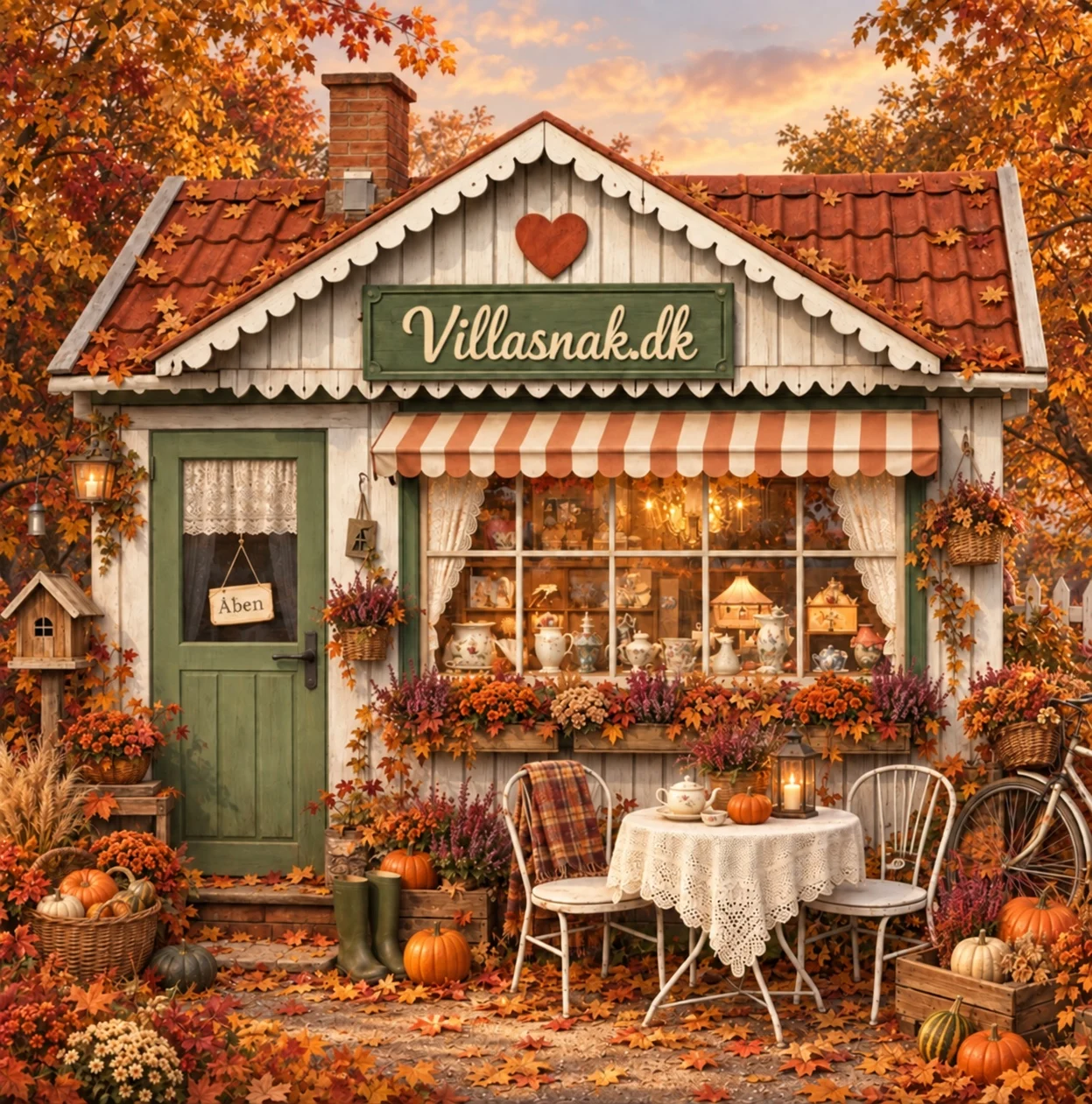 Illustration af VillaSnak som et hyggeligt kolonihavehus med efterårsløv, græskar og kaffebord.