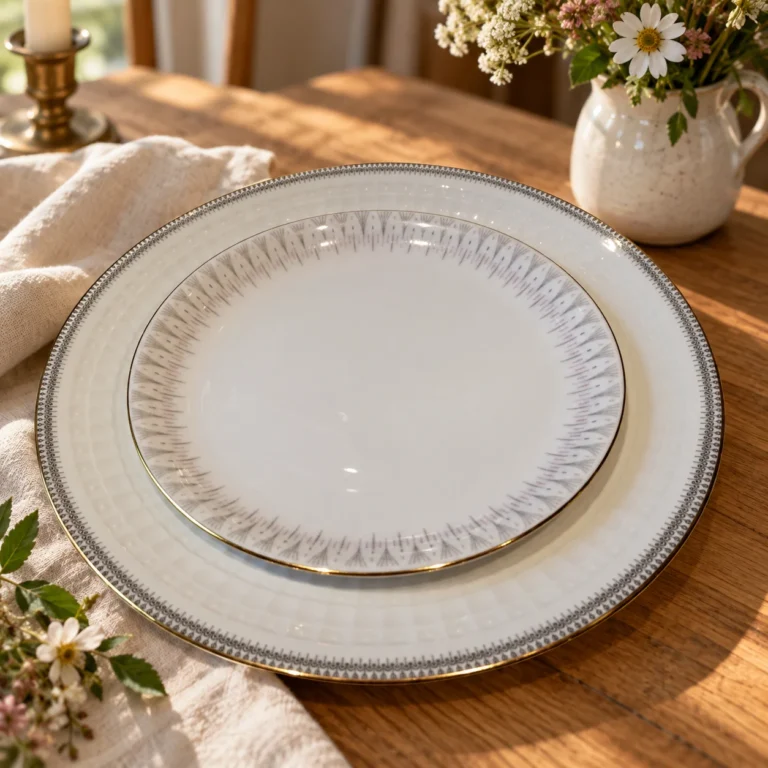 Stemningsbillede: Porcelænstallerkener med fine grå mønstre og gyldne kanter.