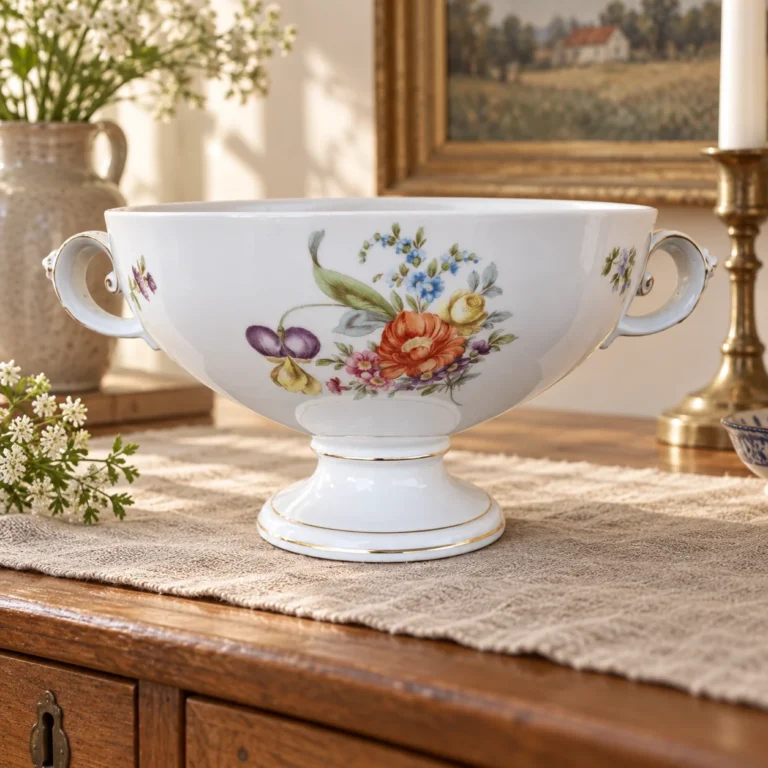 Stemningsbillede: En porcelænsskål på fod med blomster og gyldne detaljer.