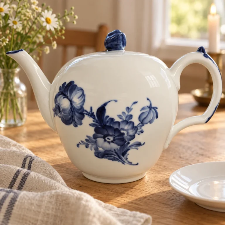 Stemningsbillede: En hvid porcelænskande med blå blomster på et træbord.