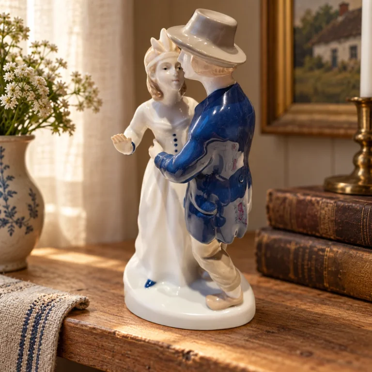 Stemningsbillede: En porcelænsfigur af et dansende par på en træhylde.