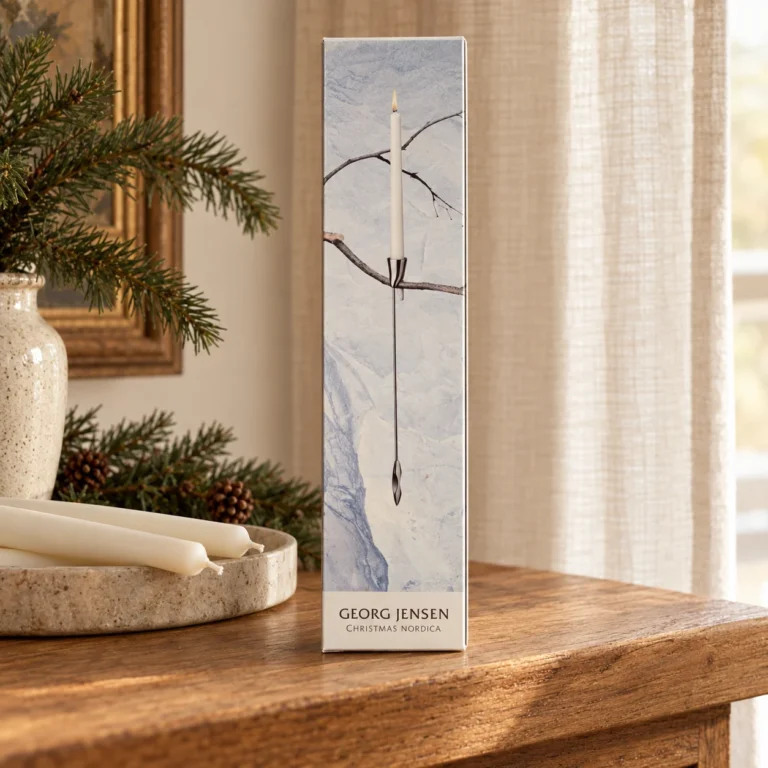 Stemningsbillede: En æske med Georg Jensen Christmas Nordica ved hvide stearinlys.