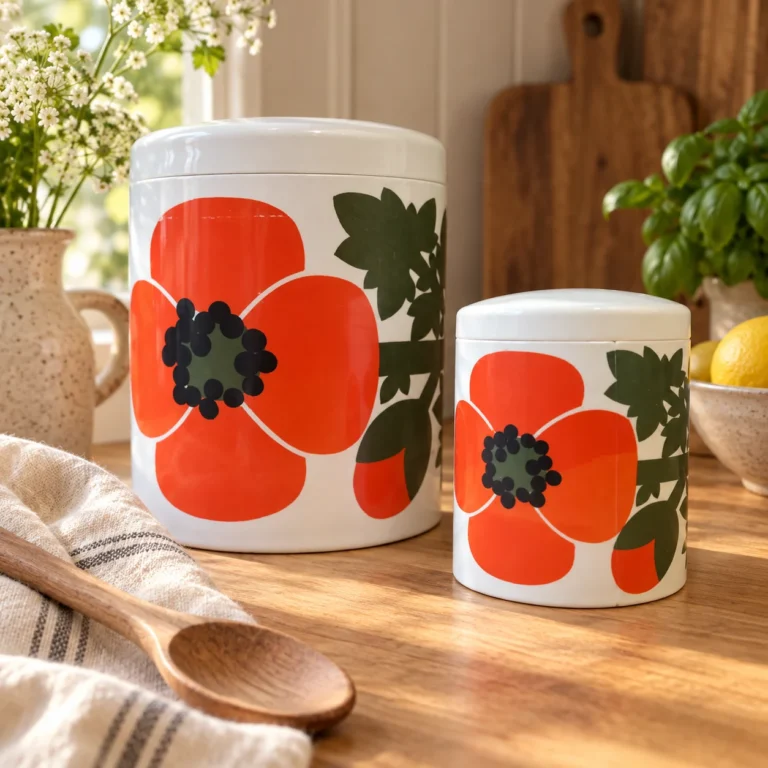 Stemningsbillede: Retro dåser med orange blomster på et køkkenbord.