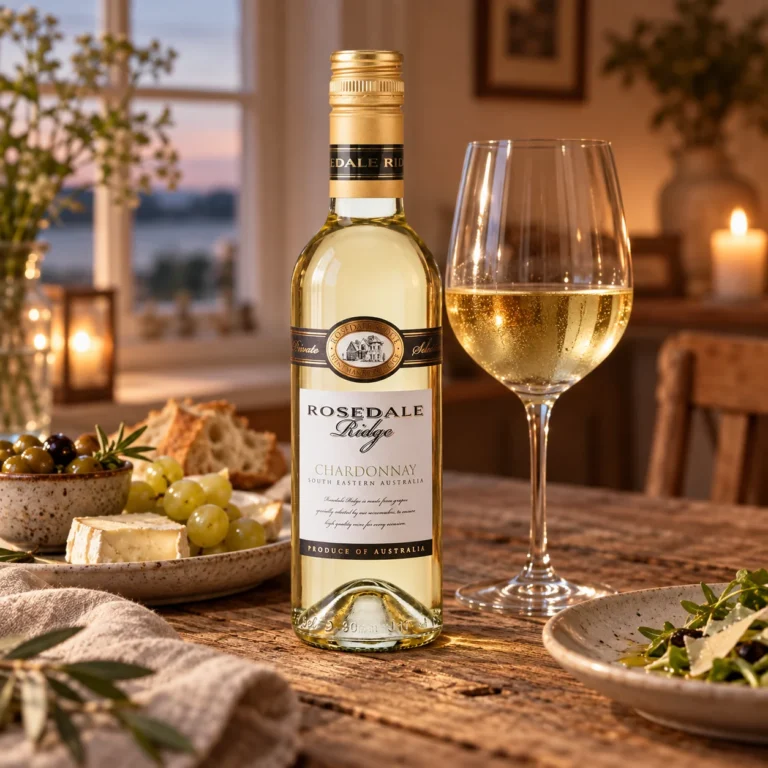 Stemningsbillede: En flaske Rosedale Ridge Chardonnay ved et vinglas på bordet.