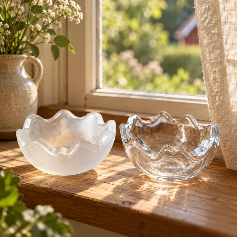 Stemningsbillede: Glasskåle i en vindueskarm med blødt dagslys.