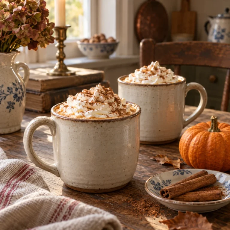 AI-genereret serveringsforslag: To kopper pumpkin spice latte med flødeskum og kanel.