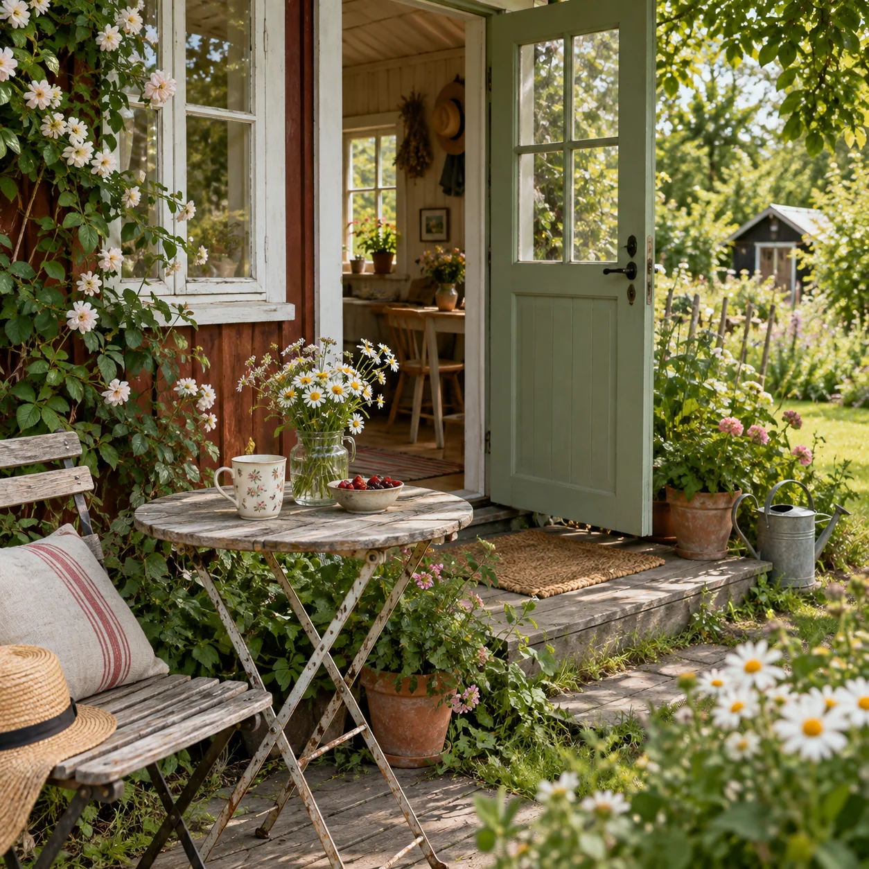 Illustreret kolonihavehus med åben dør, blomster og et lille kaffebord udenfor.
