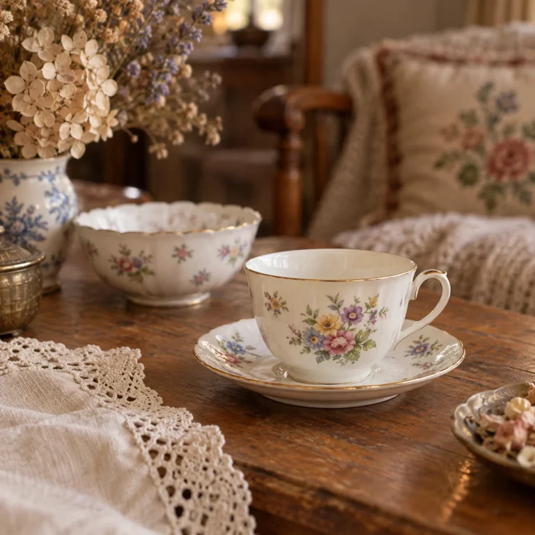 Stemningsbillede: Blomstret porcelæn med guldkant på et hyggeligt kaffebord.