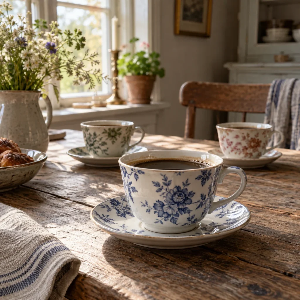 Tre blomstrede kaffekopper med underkopper på et gammelt træbord.
