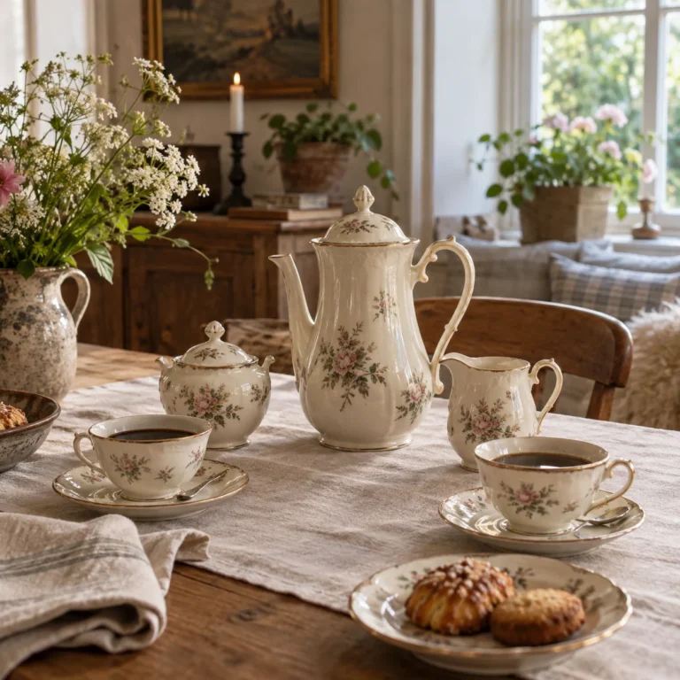 Stemningsbillede: kaffekande, kopper, flødekande og sukkerskål i blomstret porcelæn.