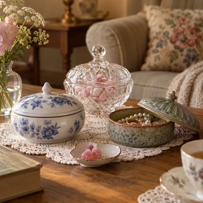 Stemningsbillede: Bonbonnierer i glas, porcelæn og keramik til søde sager og smykker.