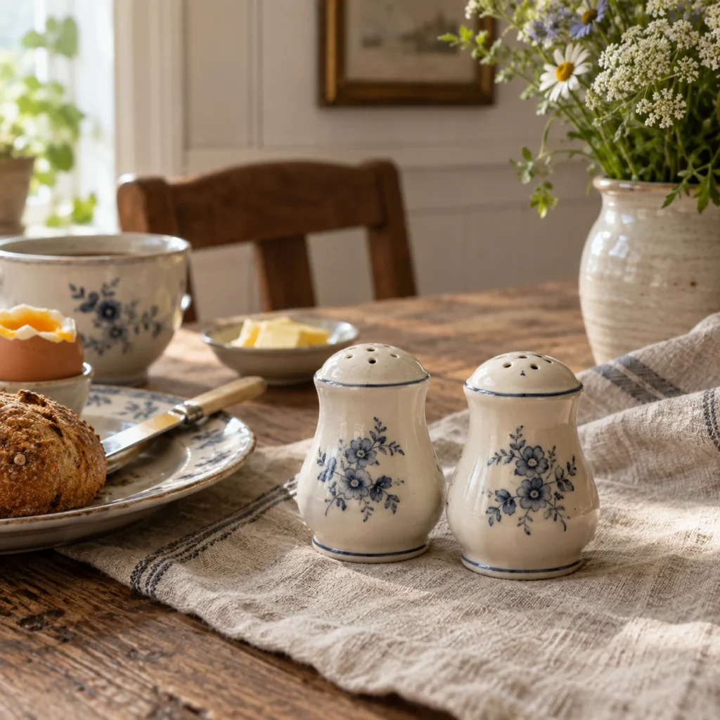 To blåblomstrede strøbøsser på et dækket morgenbord.