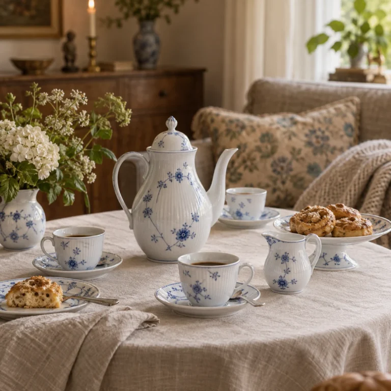 Stemningsbillede: Blå-hvidt kaffestel og kage på et bord med lys dug.