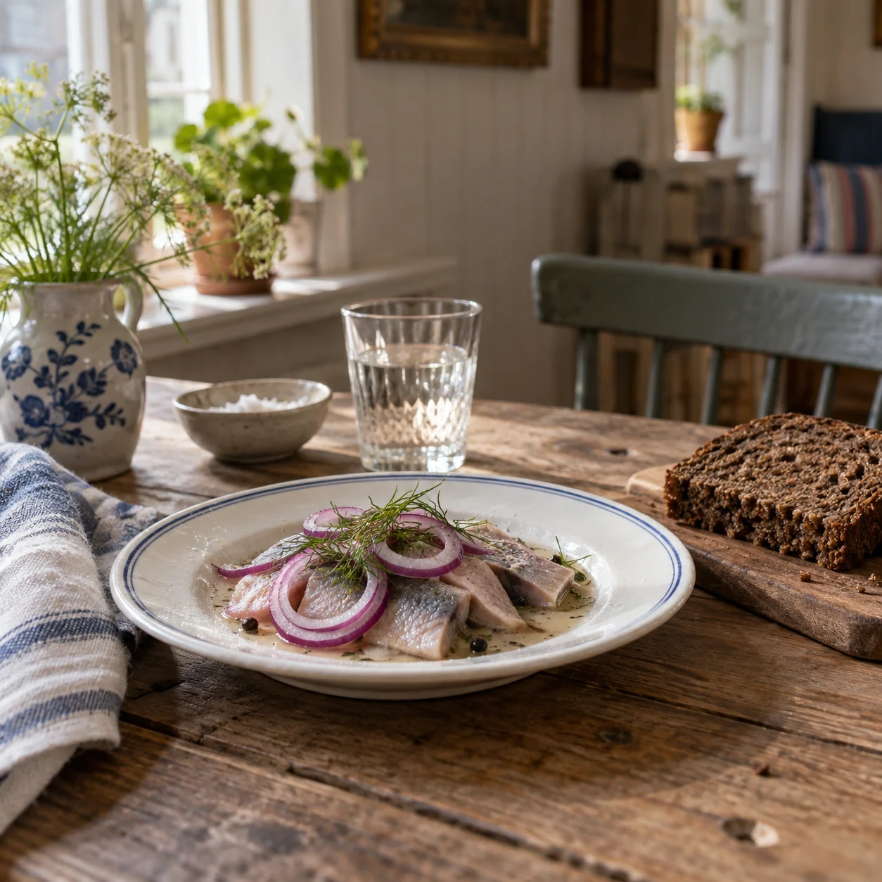 AI-illustration af en tallerken med sild, rødløg og dild ved et træbord med rugbrød og et glas vand.