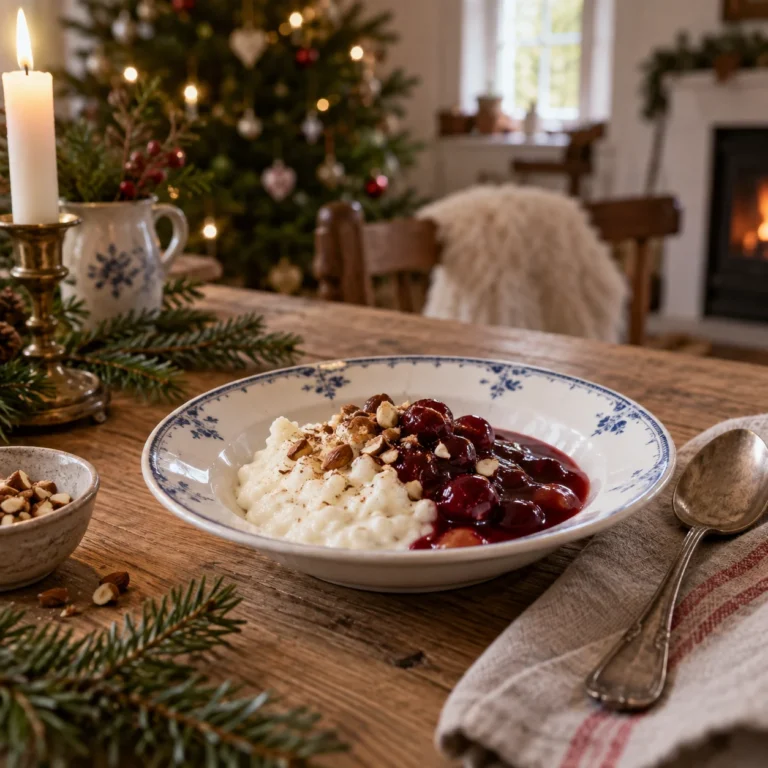 AI-illustration af risalamande med kirsebærsovs på en blåmønstret tallerken ved et hyggeligt julebord.