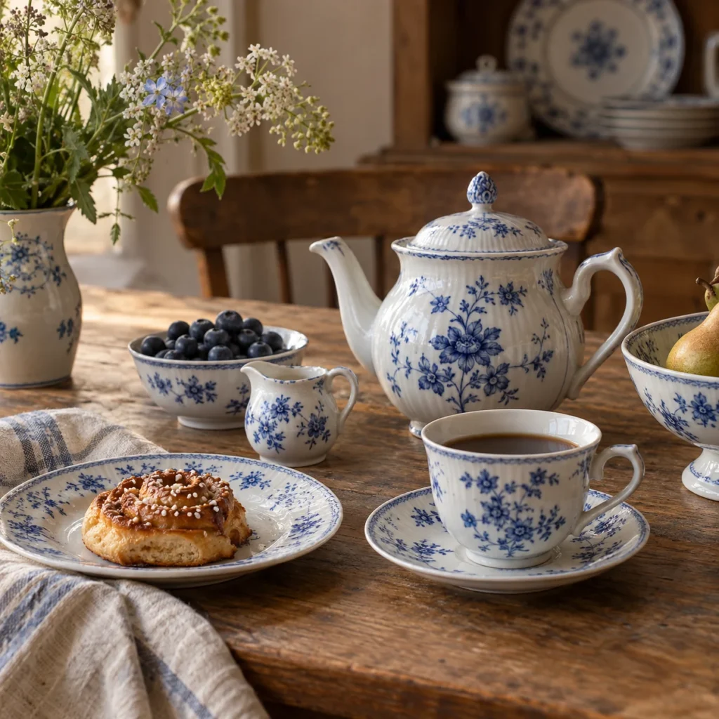 Blåt porcelæn med blomsterdekoration på et træbord med kaffe og en bolle.