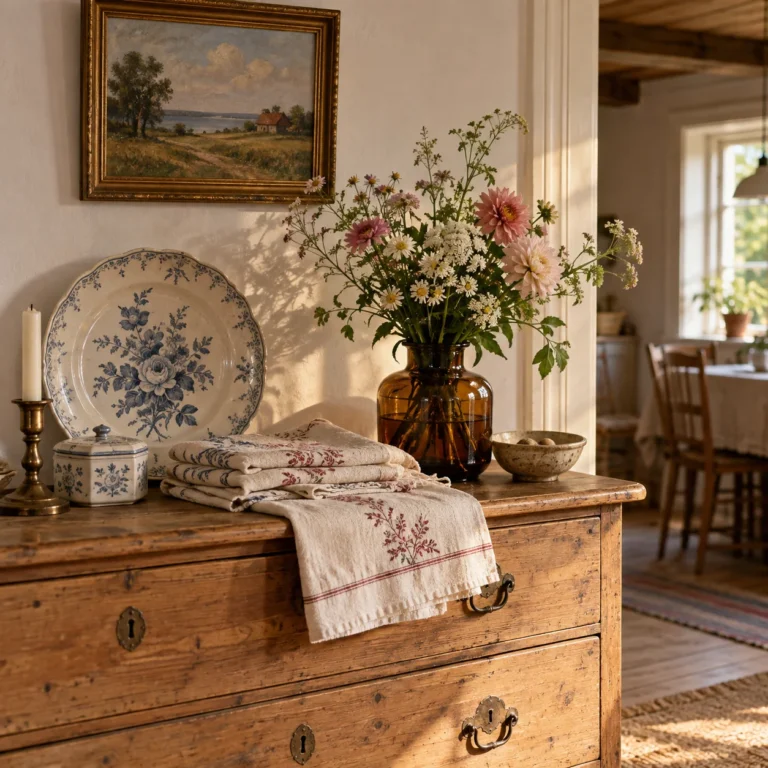 AI-genereret illustration af mormor stil med trækommode, blomstret porcelæn, glasvase og broderede tekstiler.