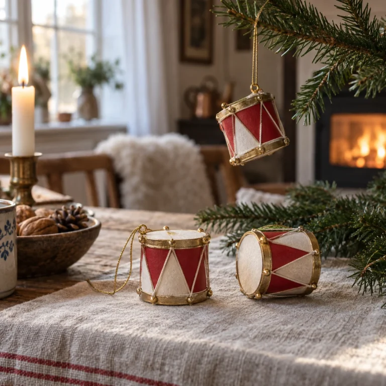 Stemningsbillede: små røde og hvide juletrommer ved en grangren.