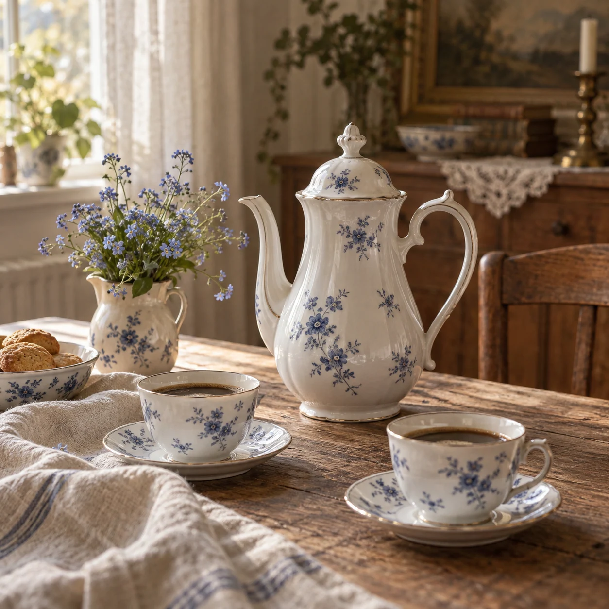 Kaffekande og kopper med små blå blomster på et træbord ved vinduet.