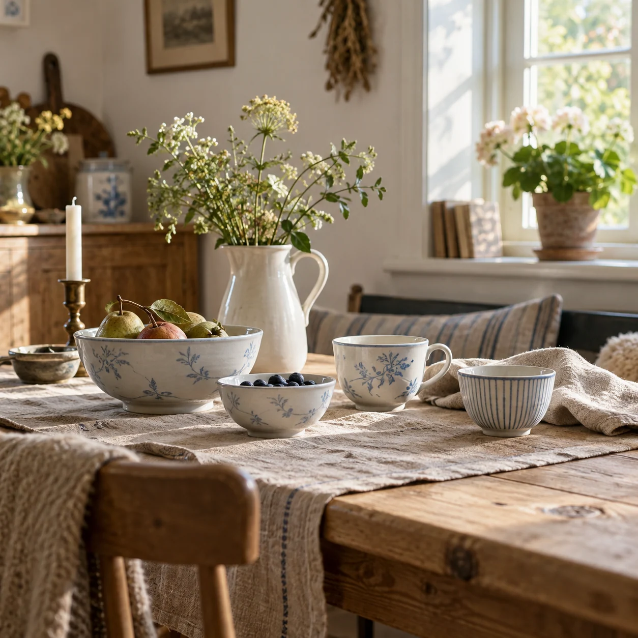 AI-illustration til nordisk porcelæn: blå og hvide steldele på et træbord med lyst tekstil og blomster