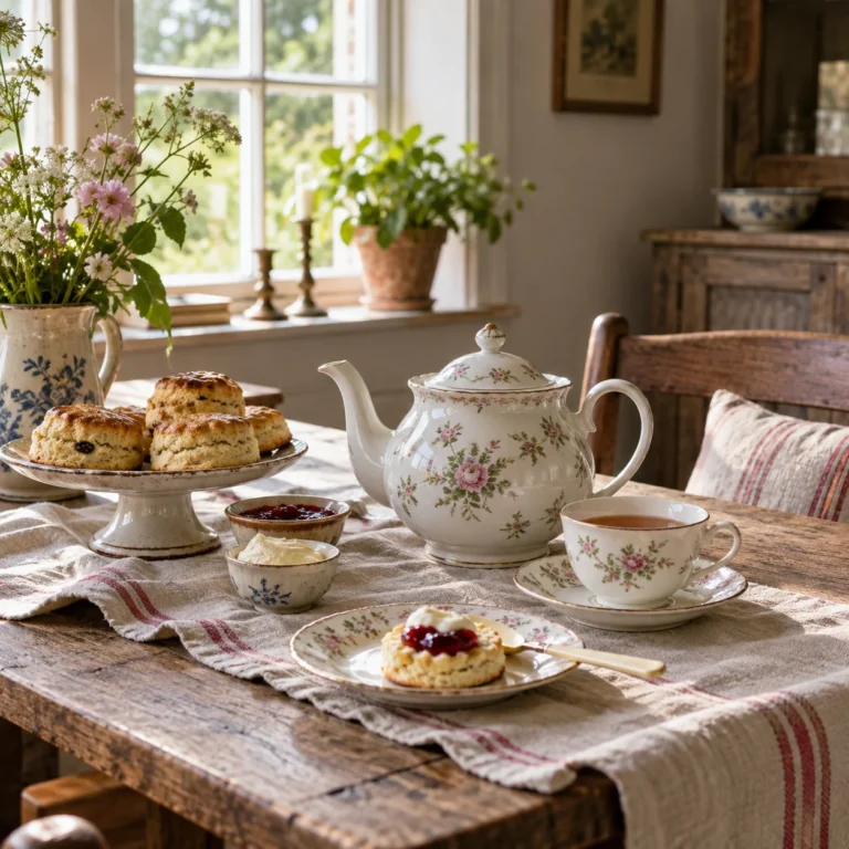 Stemningsbillede: Et lille tebord med blomstret porcelæn og scones.