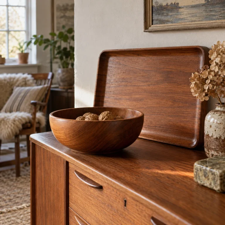 AI-illustration af en brun træskål med valnødder og en bakke på en skænk i en hyggelig stue.