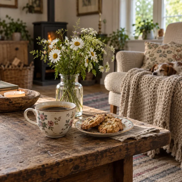 AI-genereret stemningsillustration af en kaffekop, småkager og blomster ved en lænestol med tæppe og en sovende kat.