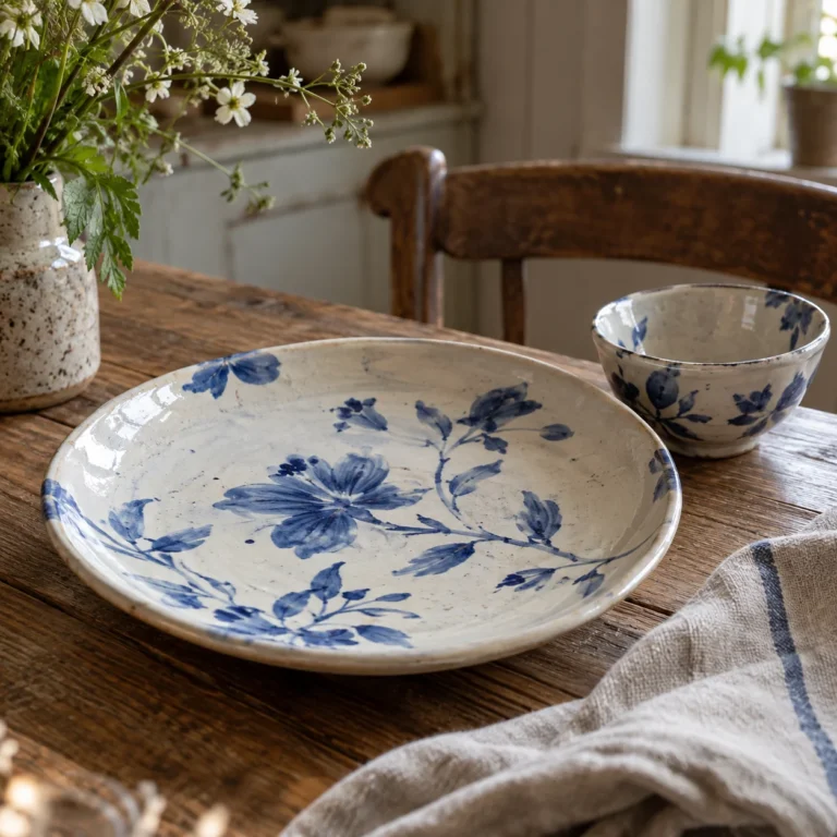 Stemningsbillede: porcelænstallerken og skål med blå blomstermotiver.