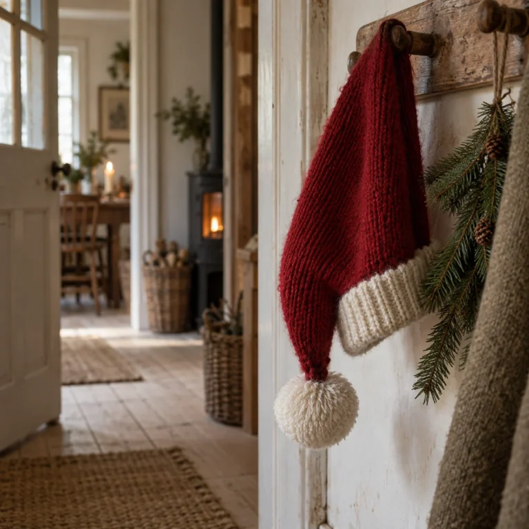 Stemningsbillede: rød julehue med lys kvast på en træknage.
