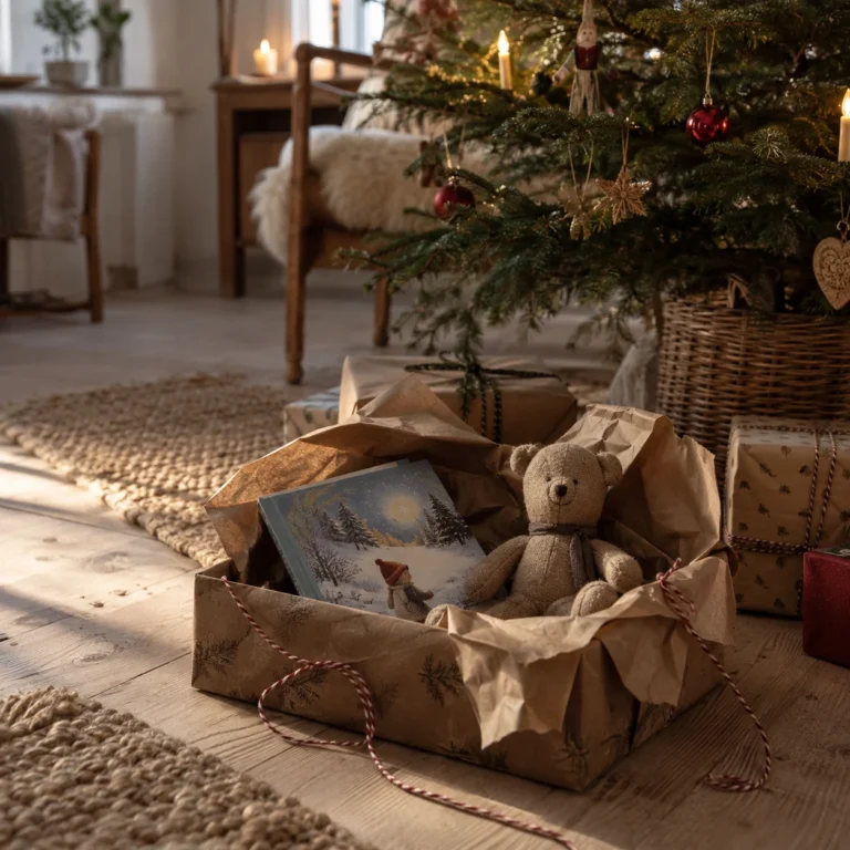Stemningsbillede: julegave med billedbog og bamse ved et juletræ.