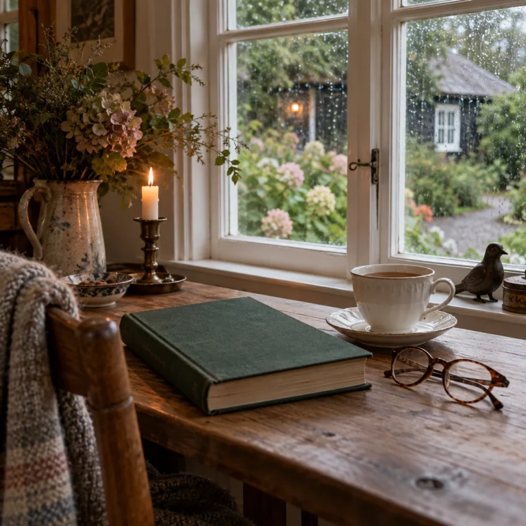 Stemningsbillede: bog, læsebriller og tekop ved et regnvådt vindue.