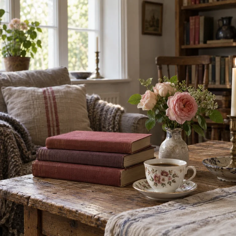 Stemningsbillede: bøger, haveblomster og kaffekop i en rolig læsekrog.