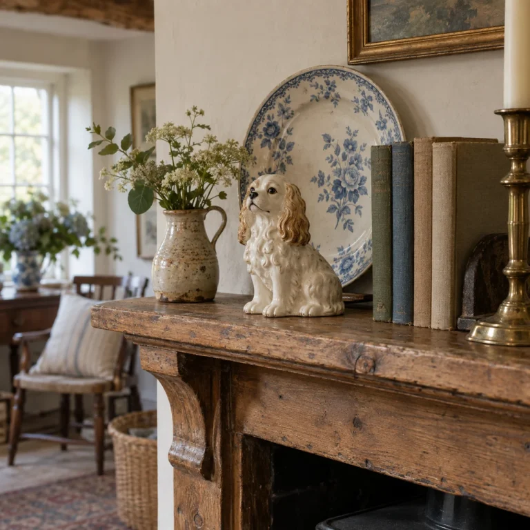 AI-illustration af en kaminhylde med en blåmønstret tallerken, en hundefigur, bøger, en vase og en lysestage.
