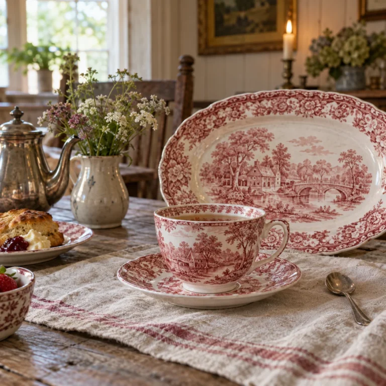 Stemningsbillede: tekop og fad med røde transferware-motiver.