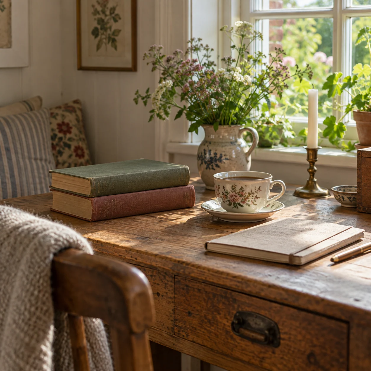 AI-illustreret skrivebord med bøger, notesbog, blomster og kaffekop