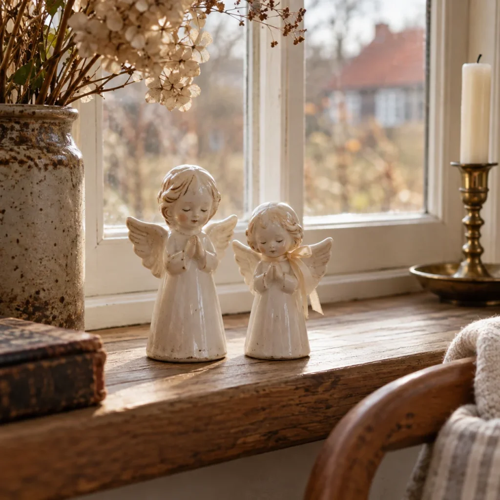 To lyse englefigurer i en vindueskarm ved siden af en vase.