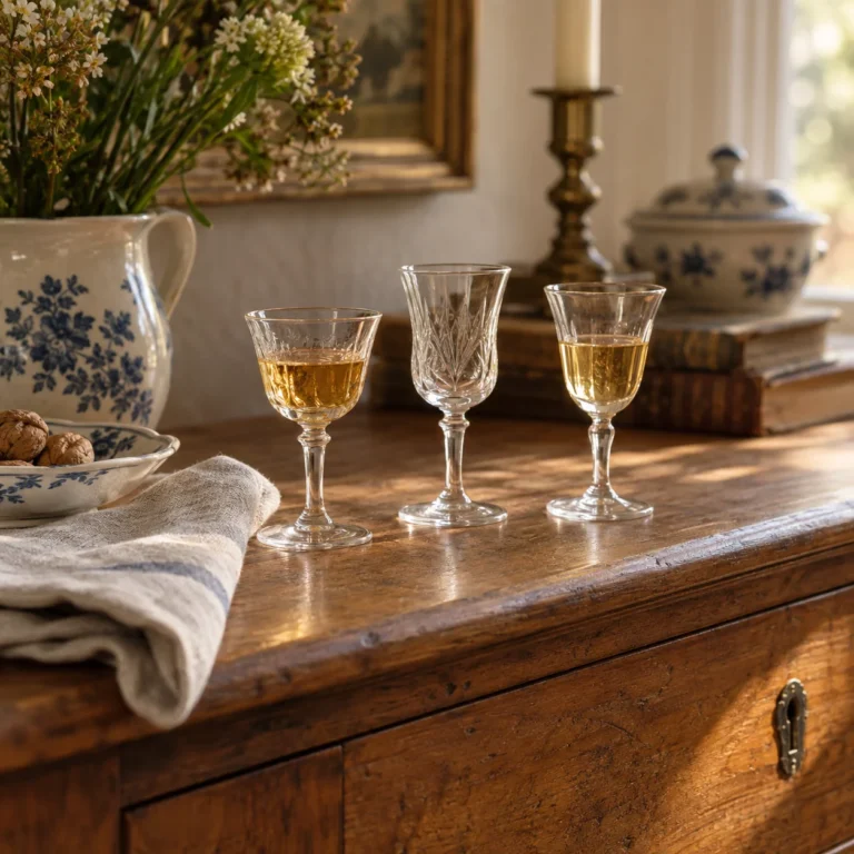 Stemningsbillede: Små aperitifglas på et træbord i varmt vindueslys.