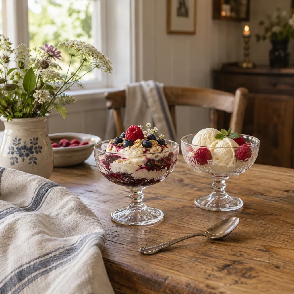 To dessertskåle på fod med bær, creme og is som inspiration til små anretninger.