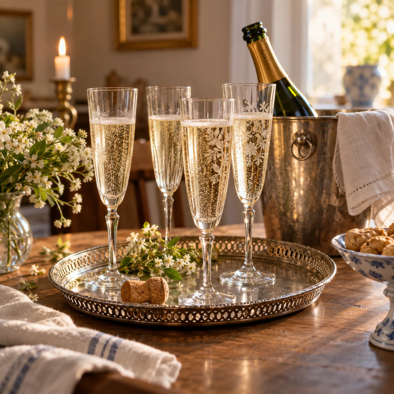 Illustration af slanke champagnefløjter på en bakke i en varm, gammeldags stue.
