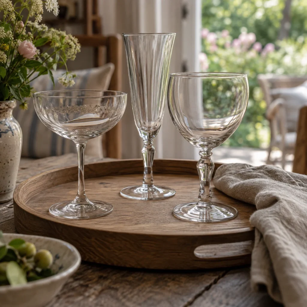 Tre forskellige glas på fod på en træbakke ved et vindue.