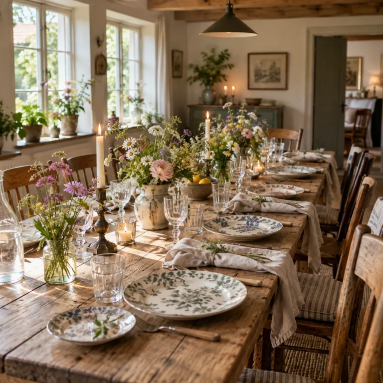 Stemningsbillede: Et festbord med forskellige tallerkener, glas og lave blomsterbuketter.