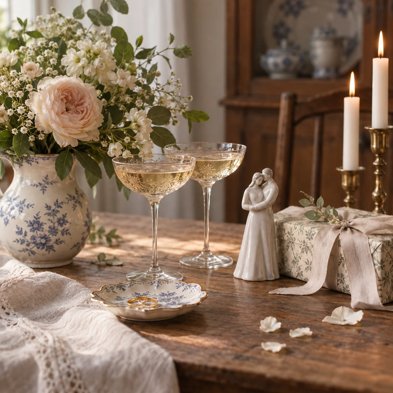 Illustreret bryllupsbord med blomster, glas, gave og en lille brudeparfigur.