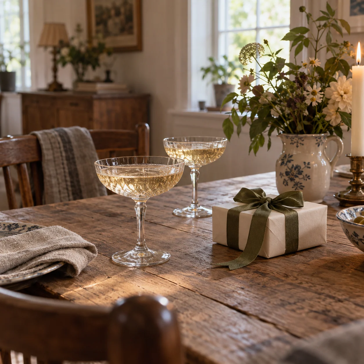 Stemningsillustration med to glas, blomster og en lille indpakket gave på et træbord.