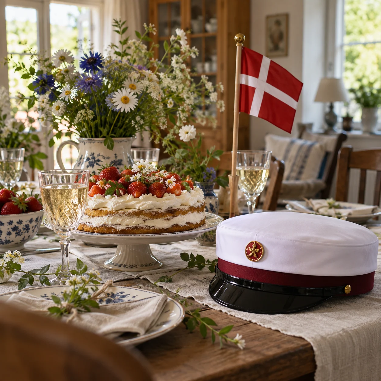 AI-illustration af et studentergilde med hvid hue, Dannebrog, blomster, kage og blåhvidt service på et gammelt træbord.