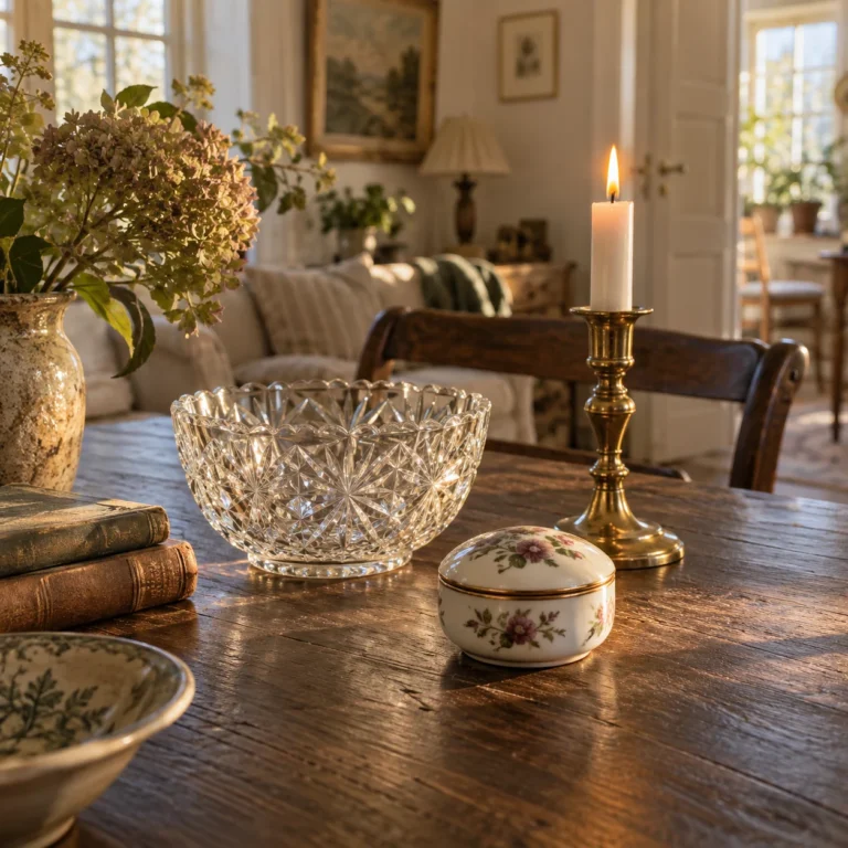 Stemningsbillede: En glasskål, en lille porcelænsæske og en messingstage.