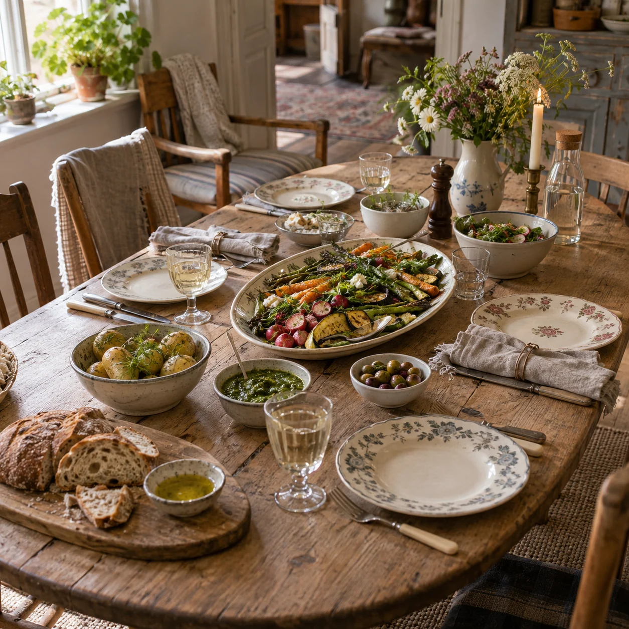 AI-genereret stemningsbillede af et træbord med blandede skåle, fade, brød og blomster i et hyggeligt rum.