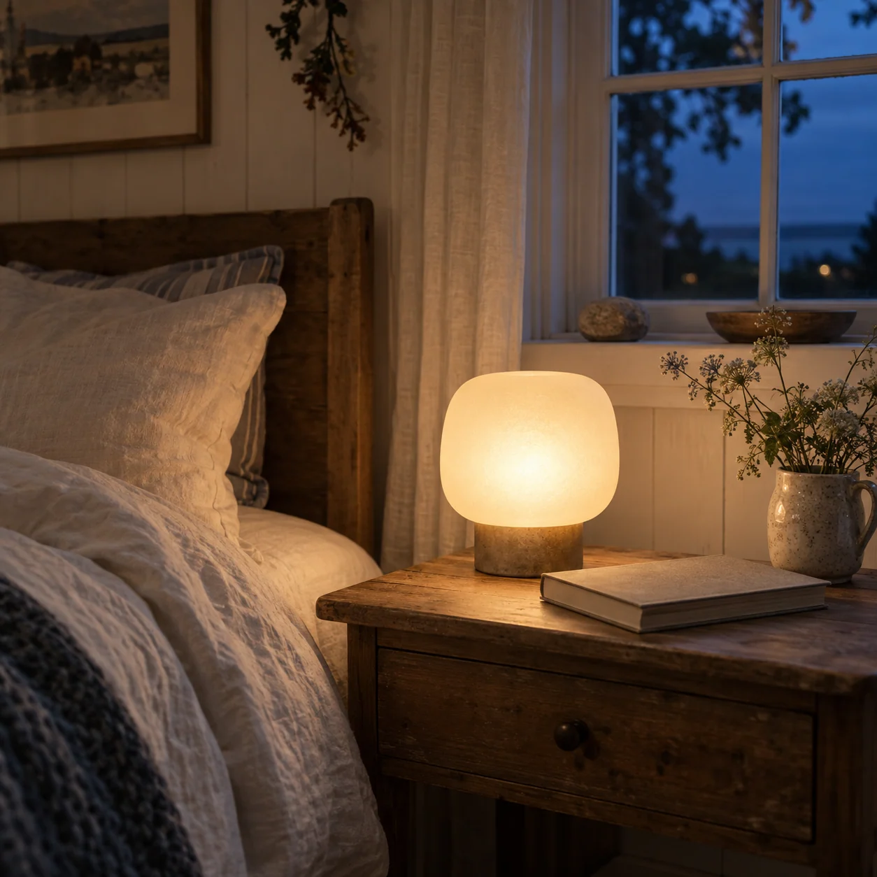 AI-genereret illustration af en lille lysende lampe på et trænatbord med en bog og blomster ved sengen.