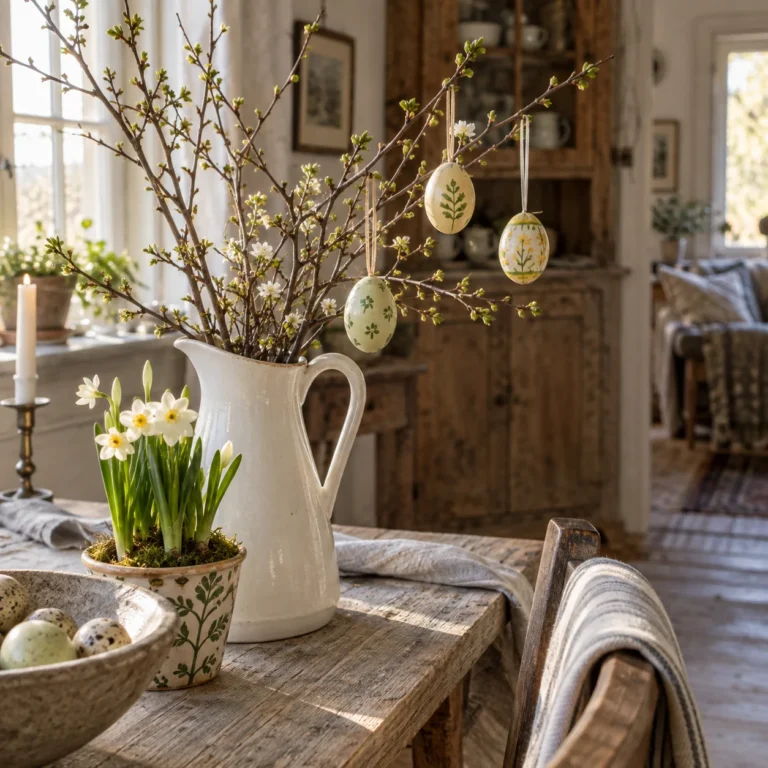 AI-illustration af påskeæg på grene i en lys kande ved forårsblomster.