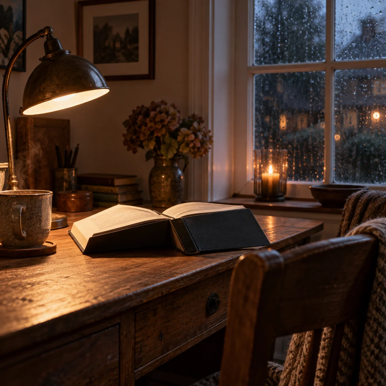 AI-illustration af en læsekrog med åben bog, varm lampe og regn på ruden.